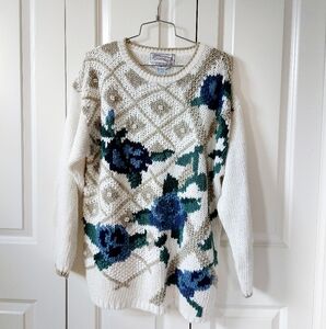 Blue‎ Roses on Beige Trellis Cream Vintage 80s/90s Sweater size Medium Nuggets